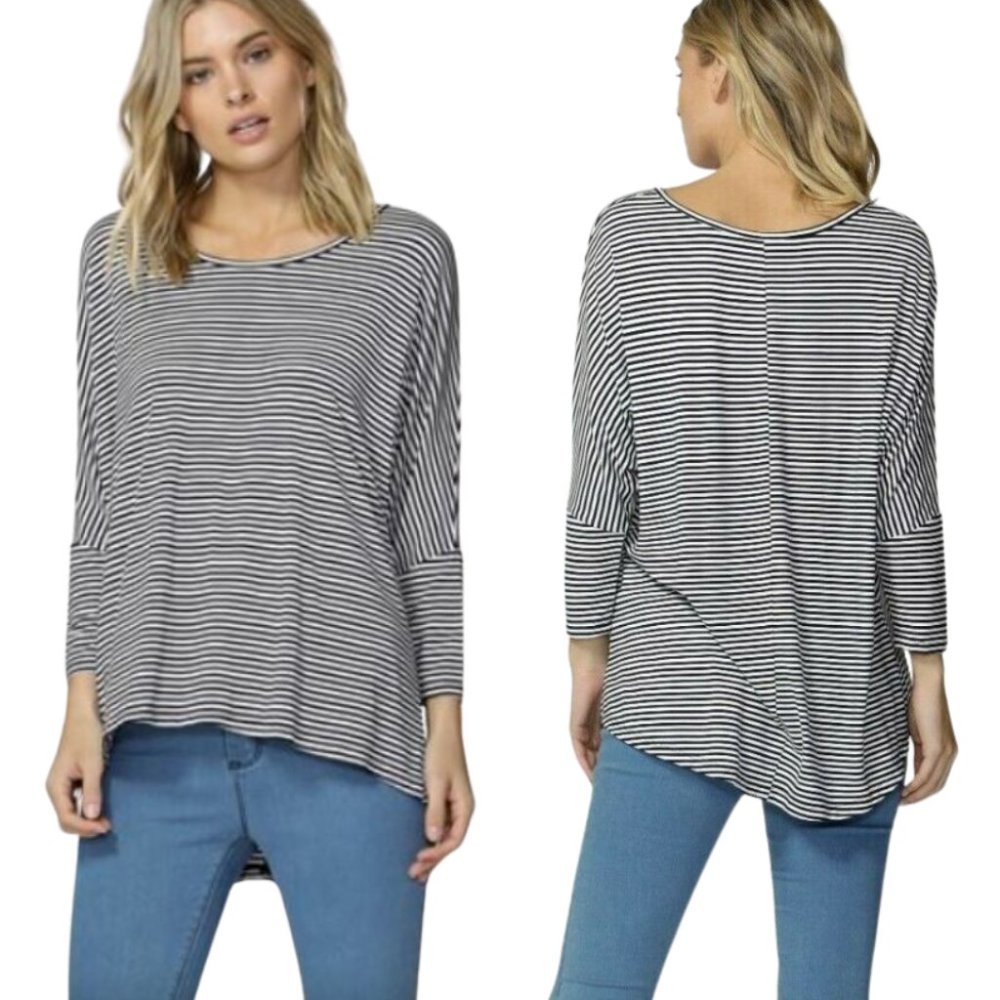 Lulus Scoop Neck 3/4 Sleeve Black & White Stripe Jersey Knit Tunic SZ L/XLARGE